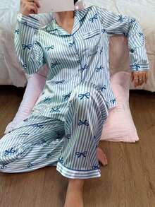 Snug Zone Blue Satin Striped Bow Print Pajama Set For Women Long Sleeve Lapel Neck Pocket Design - Blue - View 5
