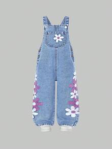 Young Girl Floral Embroidered Denim Bib Pants 90s Kids Outfit Young Girl Y2k Outfits - Light Wash - View 4