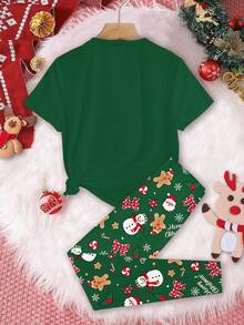 SHEIN Leap Crew 青少年女孩休闲圣诞快乐可爱卡通圣诞老人、姜饼人、雪人、圣诞树、铃铛、拐杖糖、雪花图案卡通印花短袖圆领 T 恤和紧身裤睡衣套装，舒适贴身 - 彩色 - 查看 3