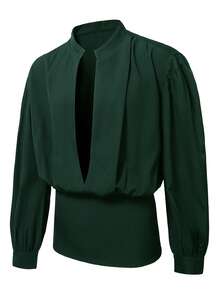 Manfinity AFTRDRK Men's Solid Deep V-Neck Fashionable Sexy Long Sleeve Shirt Sexy Men Shirt Men Green Dress Shirt Green Button Up Men's Dress Shirt Puffed Sleeve Shirt Dark Green Shirt Boyfriend/Husband Gift, Anniversary Gift Party Christmas - Dark Green - View 6