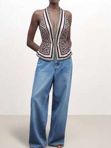 CAJUNI Áo hở lưng cổ khoét sâu họa tiết sọc hình học thời trang gợi cảm dành cho nữ - Màu Khaki - Xem 4