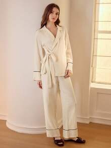 MOTF 女士撞色滚边纹理裹身系带上衣和裤子睡衣套装 - 杏色 - 查看 6