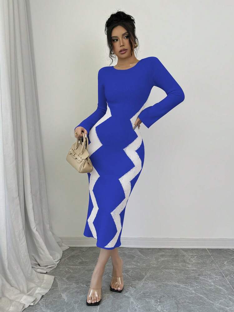 SHEIN Elenzya Đầm dệt kim dáng ôm cổ tròn sọc lượn sóng tay dài thanh lịch dành cho nữ - Màu xanh ngọc - Xem 3