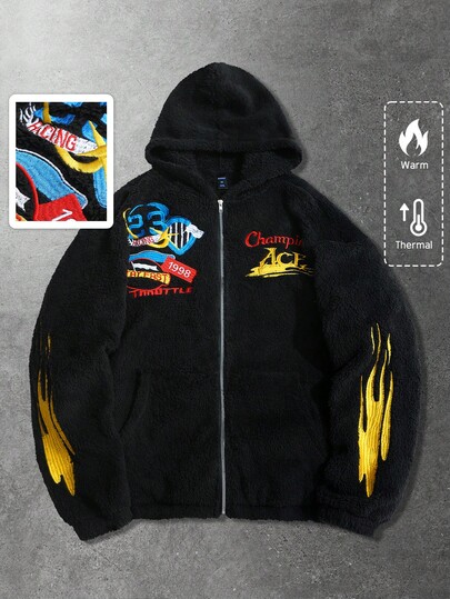 Chaqueta con forro térmico de mezcla de lana para hombre con parche bordado, estilo casual de calle para otoño/invierno