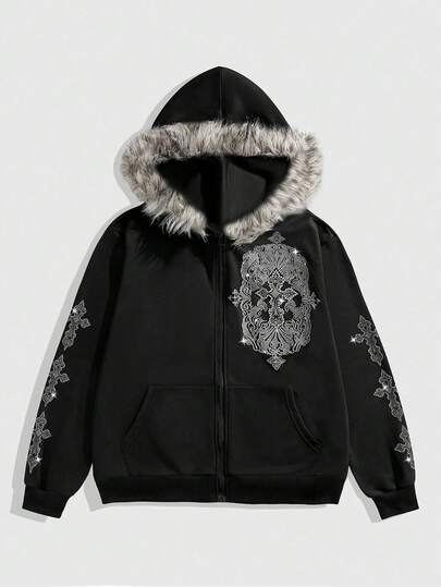 Street Life Teen Boy Rhinestone Cross Graphic Zip-Up Hoodie With Fur Collar