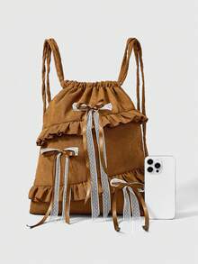 ROMWE Fairycore Vintage Brown Corduroy Ruffle & Bow Decor Backpack, Y2K Kawaii Drawstring Bag For School & Daily Outfits - Multicolor - coffee - View 5