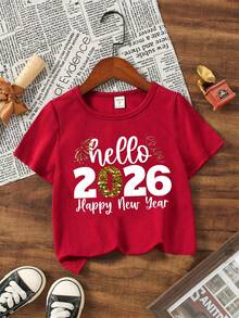 Young Boy Happy New Year 2026 Casual Fashionable Creative Personalized Refreshing Simple Shiny Number 2026 Ribbon Firework Letter Slogan Graphic Print Basic Short T-Shirt, Comfortable New Year Atmosphere - Red - View 3
