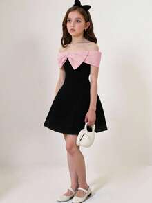 Girlism Tween Girls Contrasting Bowknot Shoulder Cutout Mini Dress, Black, Back-To-School, Fall Dresses, Homecoming Dresses - Pink - View 3