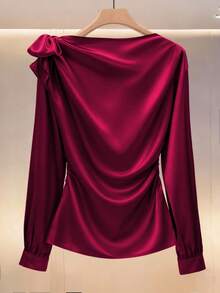Modelyn Elegant Solid Color High-Quality Satin Pleated Bowknot Waist Long Sleeve Women Blouse - Burgundy - View 2