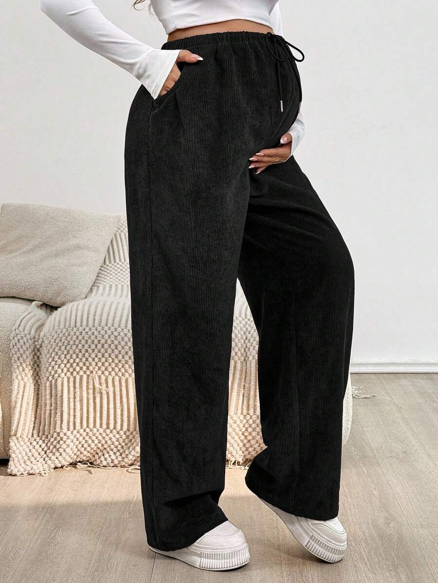 SHEIN Comfortable Maternity Plain Black Drop Waist Corduroy Pants With Drawstring And Straight Leg - Black - View 1