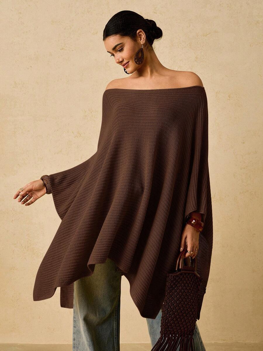 Travachic Áo len Poncho rộng rãi hở vai màu trắng cỡ lớn dành cho nữ, mùa thu/đông - màu nâu - Xem 1