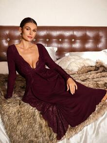 Slumberist 女士长袖针织蕾丝边睡裙，冬季款 - 酒紅色 - 查看 5