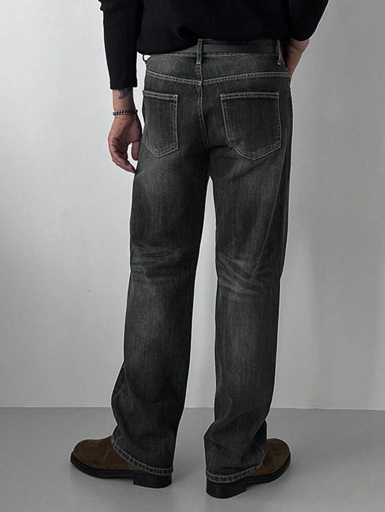 Men's Solid Color Washed Distressed Black Jeans, Autumn