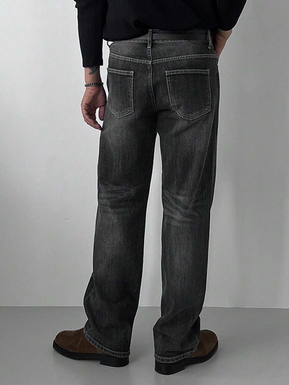 Men's Solid Color Washed Distressed Black Jeans, Autumn