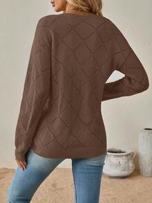 SHEIN Clasi Áo len nữ tay dài cổ chữ V khoét lỗ màu trơn thường ngày, thu/đông - Lạc đà - Xem 2