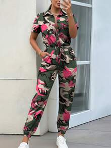 SHEIN LUNE Bộ đồ liền thân dài in họa tiết rằn ri, cổ áo sơ mi thường ngày cho nữ, mùa xuân/hè, cạp chun co giãn - Nhiều màu - Xem 3