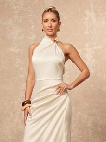 Lumalex Đầm ôm body xẻ tà cao chất liệu satin kim loại trang trí thắt lưng ôm sát eo cho nữ - Màu be - Xem 6