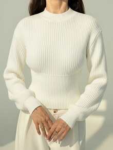 Aloruh Pulover vintage pentru femei cu guler înalt, mâneci tip liliac, talie strânsă, pulover gros tricotat, pentru toamnă/iarnă - alb - Vizualizare 7