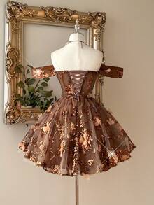 Lovelzi Váy peplum chữ A hở vai, chất liệu voan thêu hoa 3D, kiểu dáng thanh lịch, lãng mạn, dễ thương, màu xanh lá cây, sang trọng, thích hợp cho tiệc tốt nghiệp, đám cưới, sinh nhật, tiệc người lớn, tiệc độc thân, tiệc dạ tiệc trang trọng - màu nâu - Xem 6