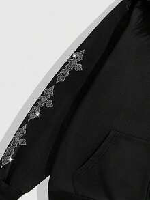 ROMWE MEN Street Life Teen Boy Rhinestone Cross Graphic Zip-Up Sweatshirt With Fur Collar - Black - View 3