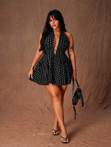 Rustia 大码女士时尚波点吊带性感A字迷你连衣裙 - 黑與白 - 查看 7