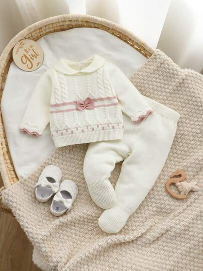 SHEIN 2 piezas Conjunto de suéter para niñas - Top de punto con cuello alto y decoración de lazo y pantalones a juego de punto, cómodo para uso diario, adecuado para otoño/invierno, apropiado para uso casual, en casa, salidas, vacaciones, fiestas, guardería