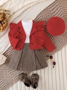 SHEIN Conjunto de falda y sombrero para niñas, primavera/otoño - Rojo - Ver 1