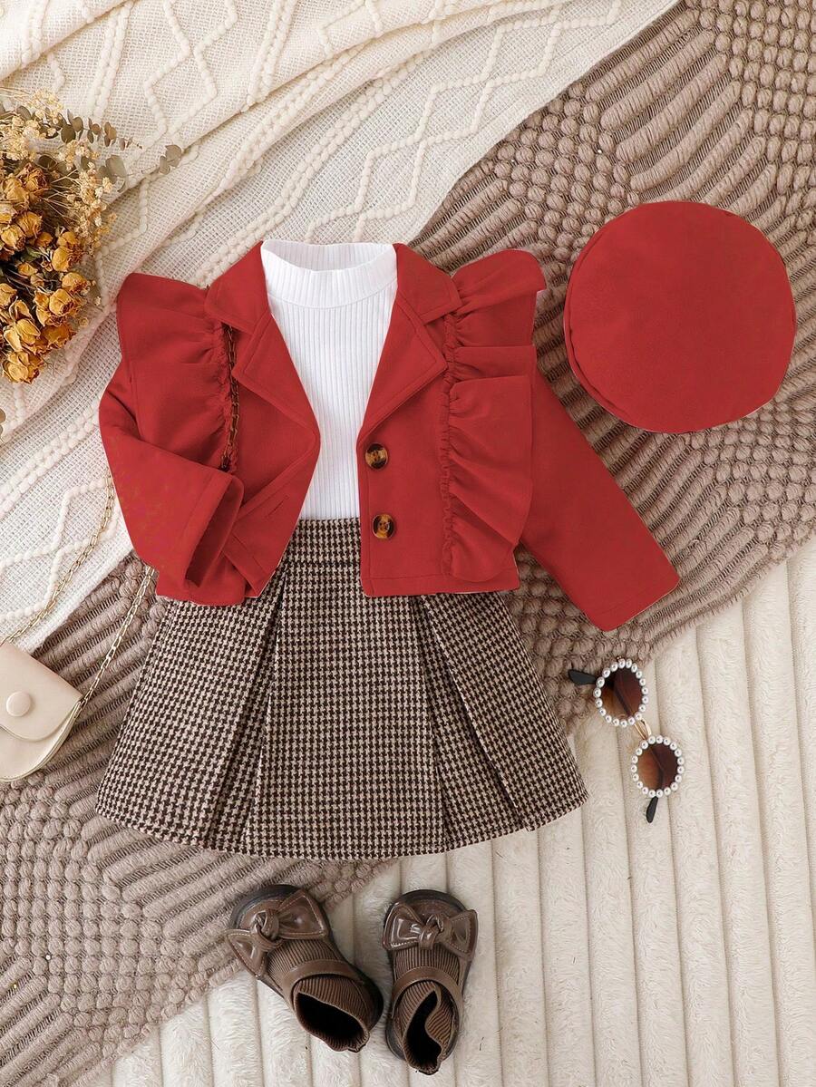 SHEIN Conjunto de falda y sombrero para niñas, primavera/otoño - Rojo - Ver 1