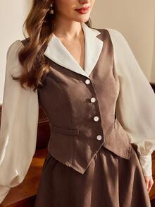 Vintamour 复古经典优雅女士两件套，修身撞色翻领长袖两件套背心套装，棕色两件套，秋冬款 - 咖啡棕 - 查看 1