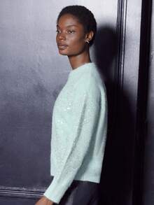 lacRébo Mint Jumper With Sparkling Decoration, Diamond Glitters, Crew Relax Shape New Year Party - Green - View 4