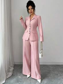 Elenzga 女士粉色竹纤维面料翻领束腰夹克，带口袋盖仿口袋设计，优雅专业正装，适合会议、教师、高端场合穿着。 - 粉色 - 查看 7