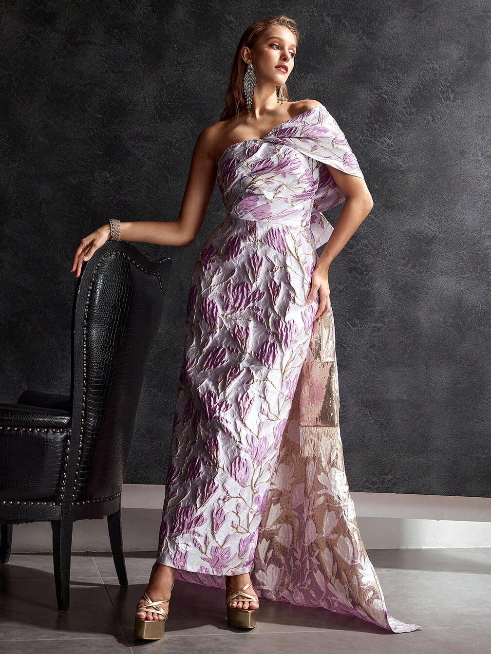 jacquard one shoulder dress One Shoulder Jacquard Mermaid Gown With Drape Detail In Cobalt Teal