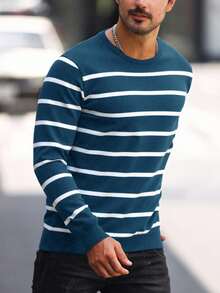 Manfinity Homme Men's Striped Crew Neck Long Sleeve Casual Sweater, Autumn/Winter Men Sweater Top Striped Long Sleeve For Men Men Knit Tops Striped Long Sleeve Men Long Sleeve Knit Sweater Striped Top Men - Teal Blue - View 3