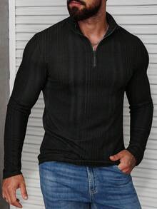 Manfinity Homme 加大码男士纯色长袖半开襟罗纹休闲T恤 - 黑色 - 查看 7