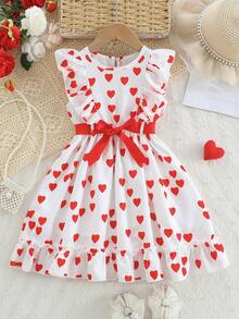 SHEIN Girls' Cute Heart Print Ruffle Hem Dress With Round Neck And Flutter Sleeves , Comes With Red Belt, Suitable For Spring/Autumn And Valentine's Day - Red and White - View 3