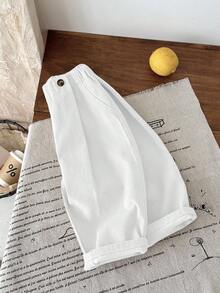 SHEIN LMoss Kids Baby Girl Waist Button Design Casual Loose Denim Harem Pants - White - View 7