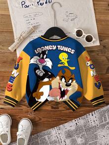 LOONEY TUNES X SHEIN 小男孩圆领长袖舒适休闲卡通可爱街头校园棒球夹克，撞色衣领和袖口英文字母图案运动衫 - 白色 - 查看 2
