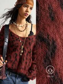 Bohemela Áo khoác ngoài Boho Thu/Đông, Áo chui đầu dệt kim cổ chữ V họa tiết da báo đỏ cổ điển dành cho nữ, Phong cách đồng quê miền Tây, Thích hợp mặc khi đi nghỉ & mặc hàng ngày & trở lại trường, Giáng sinh, Năm mới - Màu Đỏ Sâu - Xem 2