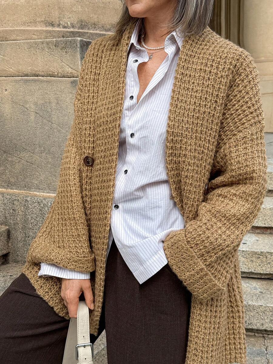 Vivie Lora Damen Einfarbige Strickjacke mit Knopfdesign, Drop-Shoulder, Lange Ärmel, Lässig, Herbst/Winter - Khaki - Übersicht 1