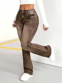 SHEIN PETITE Women's Casual Fashion Street Chic Daily Commute Washed Ombre Flare Jeans - Coffee Brown - View 4