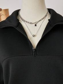 青少年女童翻领半拉链落肩宽松抓绒卫衣 - 黑色 - 查看 4