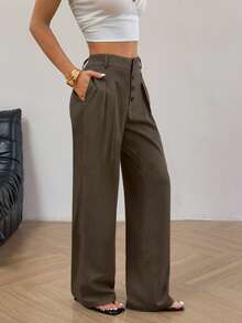 Flirla Women's Casual Versatile Solid Color Straight Leg Pants - Brown - View 6