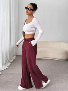 Flirla Pantalones largos rectos y sueltos con abertura lateral de pana de moda informal para otoño/invierno para mujeres - Burdeos - Ver 3