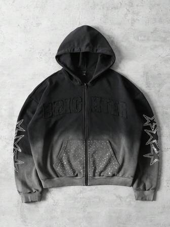 Street Life Sweat-shirt ouvert lavé avec broderie de diamants scintillants pour hommes, style court ample