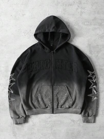 Street Life Felpa oversize da uomo con ricamo di diamanti scintillanti e lavaggio, stile corto e ampio