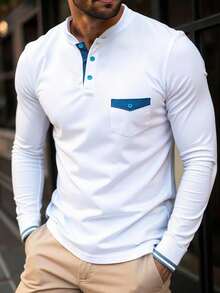 Manfinity CasualCool 男士撞色长袖口袋设计休闲通勤 Polo 衫，男士 Polo 衫，男士立领长袖 Polo 衫，男士亨利领 Polo 衫，男士白蓝衬衫 - 白色 - 查看 1