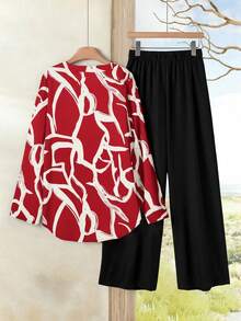 Rusticease 女式度假休闲全印花衬衫和纯色裤子两件套 - 紅色 - 查看 2