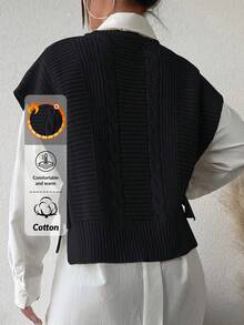 EURMUSE Women's Solid Color Cable Knit Sweater Vest - Black - View 2