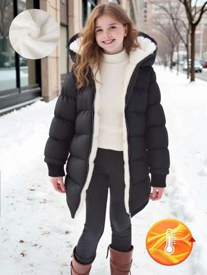 SHEIN 1pc Tween Girl Mid-Length Long Sleeve Padded Coat, Plush Lining, Comfortable & Warm, Solid Color Outerwear Fall Winter