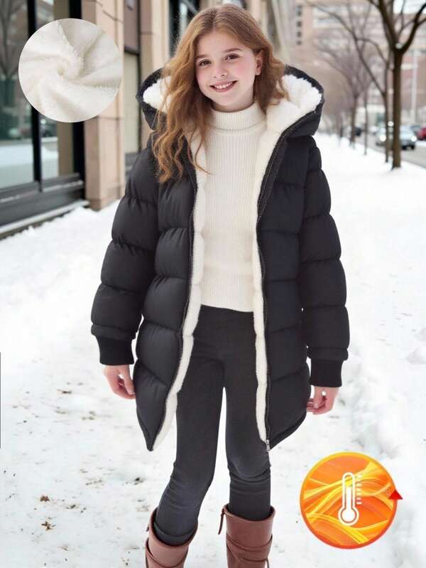 SHEIN 1pc Tween Girl Mid-Length Long Sleeve Padded Coat, Plush Lining, Comfortable & Warm, Solid Color Outerwear Fall Winter